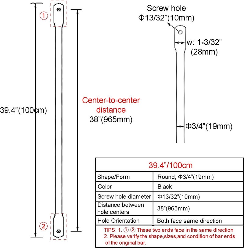 Timyrimy 39.4"/100cm Garden Swing Replacement Bars, Black Metal Round Rods for Hanging Swing Seat to Frame(2PCS/CTN) - Image 1